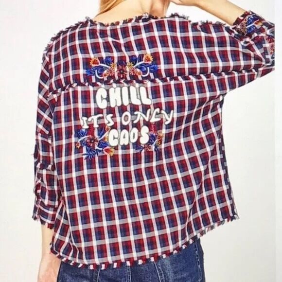ZARA Boho Chill It’s Only Chaos Plaid Button Down Top - Picture 2 of 7